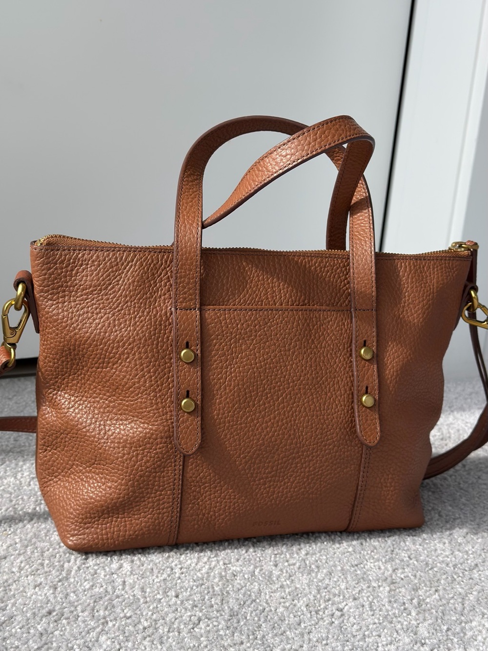 Fossil Cognac Pebbled Leather Shoulder Tote
